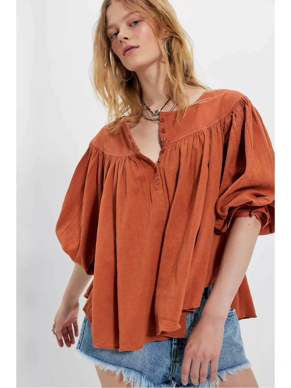 Free People Bohemian Billowy Malibu Crinkle Top Autumnal Fall Brown Size Large